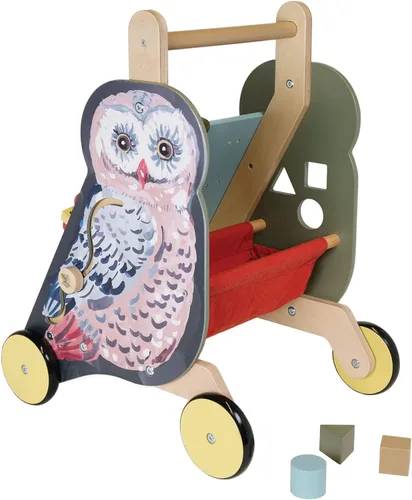 Miniatura 3 de Manhattan Toy Wildwoods Owl - Carrito de madera con clasificador de formas y cesta, ovalado dentado, hilanderos, carrera de cuentas y más mediano