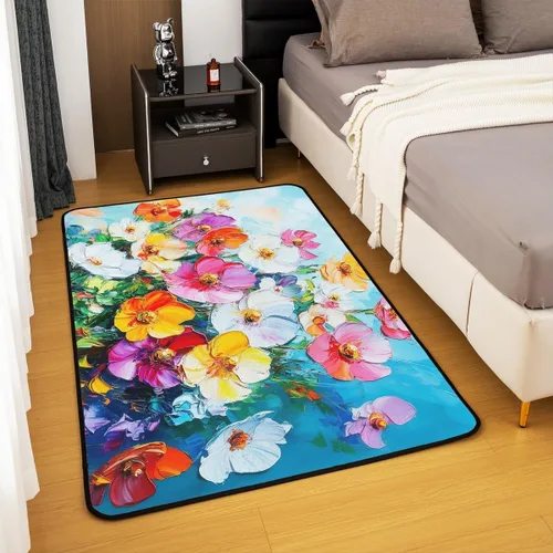 Miniatura 4 de Alfombra retro floral bohemia para sala de estar, alfombra de área de 5 x 7 pies para niños, pintura al óleo y flores, alfombra decorativa