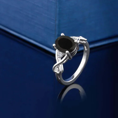 Miniatura 3 de Gem Stone King Anillo de compromiso de plata de ley 925 con ónix negro y topacio blanco para mujer