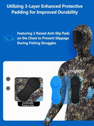 Miniatura 4 de Traje de neopreno de pesca submarina de 0.059 pulgadas con capucha, 2 piezas de camuflaje para caza de buceo, para buceo en agua fría