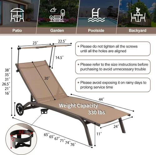 Miniatura 3 de Giantex Tumbona para exteriores, silla de bronceado con sombrilla y ruedas lisas, posición ajustable de 6 niveles, soporte para tazas, marco