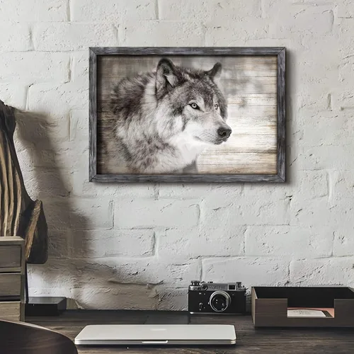 Miniatura 5 de Arte de Pared Enmarcado de Lobo: Pintura Moderna de Animales Salvajes de Madera Rústica Natural Imagen de Vida Silvestre Obra de Arte de Lobo Gris