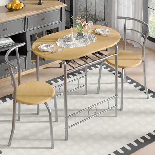 Miniatura 14 de VECELO Juego de mesa de comedor de 3 piezas para rincón de desayuno, mesa ovalada de mármol sintético y marco de metal con estante de vino Blanco
