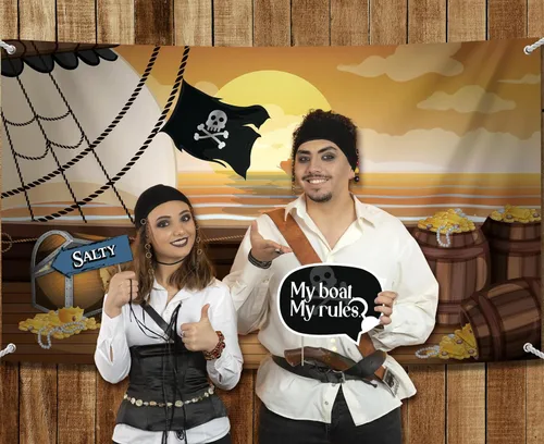 Miniatura 8 de Kit de decoración de fiesta pirata, incluye telón de fondo de fotografía y 10 accesorios de cabina de fotos para selfies de estudio con palos