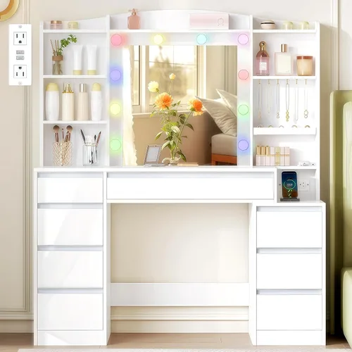 HEXCELEN Tocador Grande de 47.2 Pulgadas con Espejo, Tocador con Luz LED, Tocador de Maquillaje con Regleta de Enchufes, 8 Cajones y 8 Estantes,