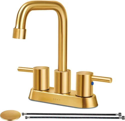Miniatura 18 de SOKA Grifo de baño central de dos asas para fregadero de acero inoxidable de arco alto con placa de cubierta y montaje de drenaje desplegable