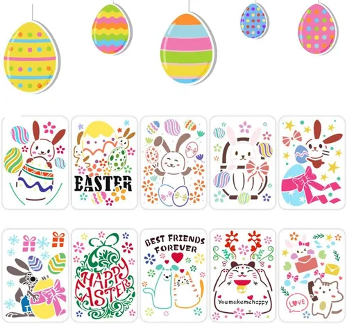 Plantilla de plantillas de pintura de Pascua, 10 unidades, diseño de conejito de Pascua, huevo de gato, plantilla de pintura de plástico, plantillas