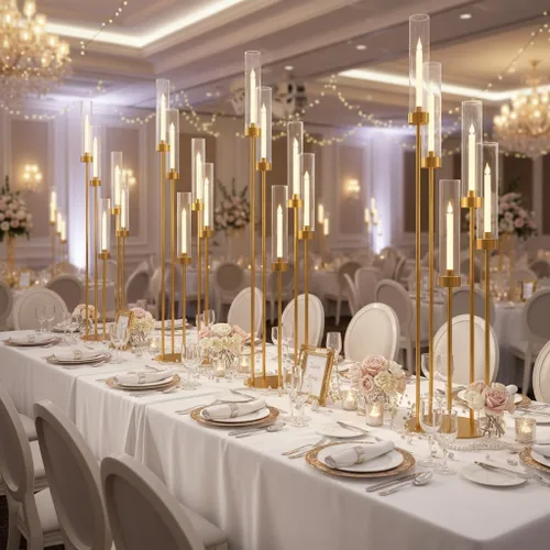 Miniatura 7 de Candelabro de 5 brazos con pantalla acrílica, juego de 4 candelabros dorados para mesa de boda, fiesta de cumpleaños, decoración del hogar, 39.4