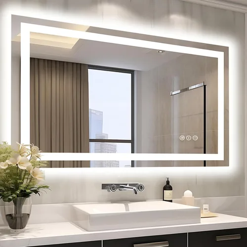 Miniatura 40 de EchosLife Espejos de baño LED de 20 x 28 pulgadas para pared, marco de aluminio negro (frontal y retroiluminado), espejo de tocador antivaho