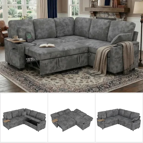 Sofá modular de 81 pulgadas, sofá cama de 5 plazas en forma de L con cama extraíble, almacenamiento oculto, portavasos y puertos de carga USB, sofás