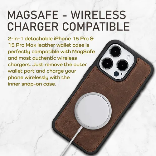 Miniatura 4 de Bayelon Funda tipo cartera para iPhone 15 Pro, cartera de cuero de grano completo, funda magnética desmontable, tarjetero, funda tipo cartera