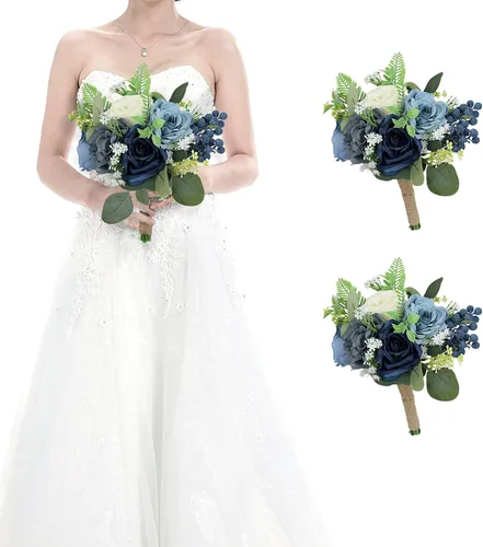 Miniatura 17 de Juego de 4 ramos para dama de honor para boda - Ramos de flores artificiales de 7 pulgadas para decoración de centros de mesa de ceremonia y Azul