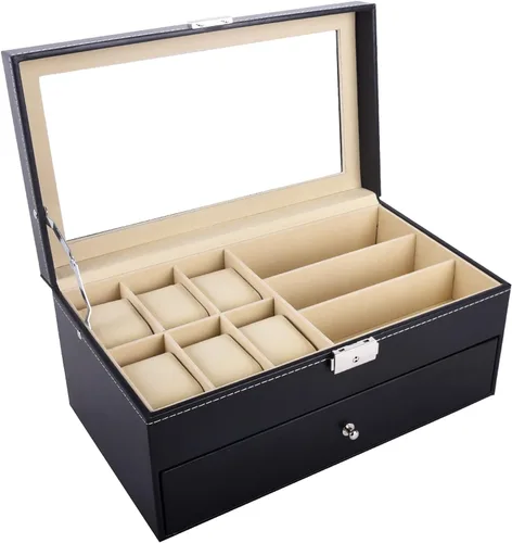 Miniatura 3 de Autoark Caja de joyería de cuero para 6 relojes y 9 piezas de almacenamiento para lentes y lentes de sol organizador de caja con bloqueo negro AW-048