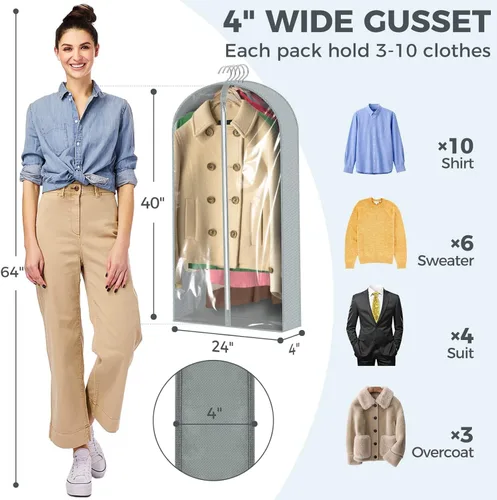 Miniatura 3 de 6 bolsas de ropa de 40 pulgadas para colgar ropa, bolsas transparentes para almacenamiento de ropa, bolsas de ropa para fundas de viaje