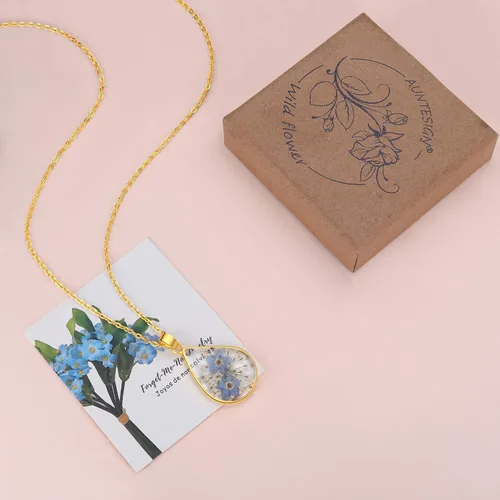 Miniatura 109 de Forget-Me-Not and Queen Anne's Lace Pressed Wildflower Necklace Birth Month Real Flower Necklace Gold/Silver Pressed Flower Jewelry