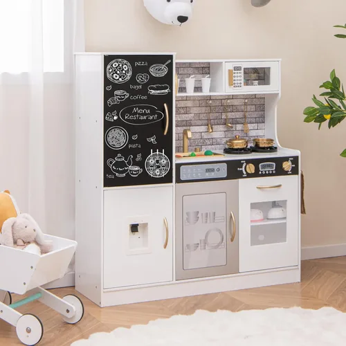Miniatura 8 de Costzon Juego de Cocina para Niños, Set Grande de Juguete de Cocina de Chef de Madera con Sonidos y Luces Reales, Microondas, Pizarra, Horno, Blanco