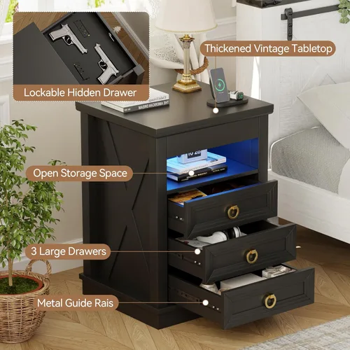 Miniatura 3 de Lvifur Mesita de noche de granja con cajón de armas, mesa de noche LED con sensor humano con luces LED y estación de carga, mesa auxiliar auxiliar