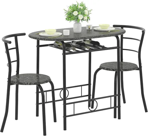 Miniatura 15 de VECELO Juego de mesa de comedor de 3 piezas para rincón de desayuno, mesa ovalada de mármol sintético y marco de metal con estante de vino Blanco