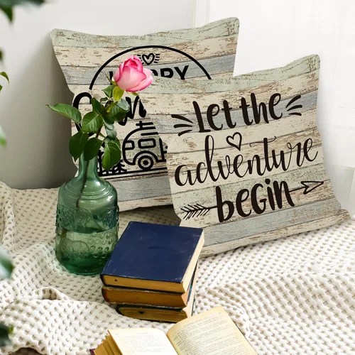 Miniatura 5 de Fundas de almohada decorativas con temática de campamento, 2 x 18 x 18 pulgadas, mezcla de lino y algodón beige, impresión de letras rústicas