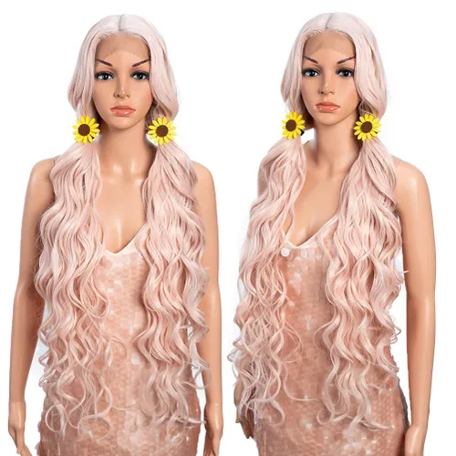 Miniatura 3 de Style Icon Pelucas de encaje frontal de 36 pulgadas, pelucas de color rosa súper largas con cabello de bebé, densidad del 130 %, peluca sintética