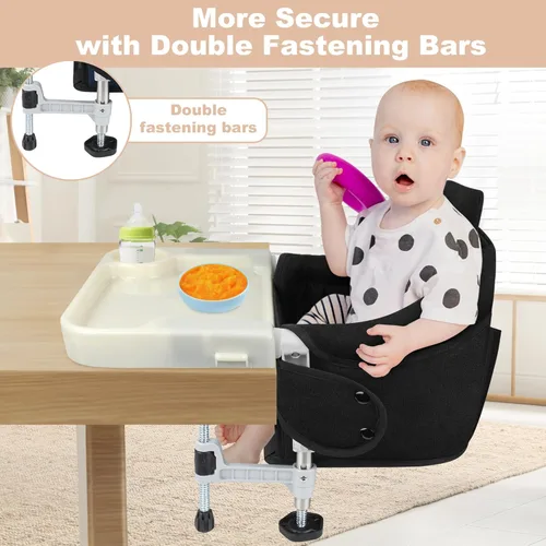 Miniatura 4 de Silla alta de gancho: silla de viaje portátil para bebé y niño, clip plegable con bandeja de comedor extraíble, tablero de respaldo y bolsa de Negro