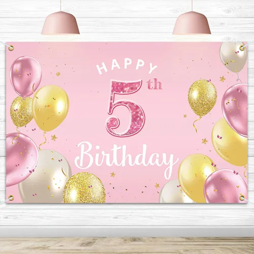 Miniatura 16 de Cartel de fondo de feliz 4º cumpleaños, suministros de decoración de fiesta de cumpleaños 4 para niñas, color rosa, 3.9 x 5.9 pies