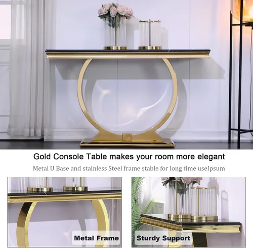 Miniatura 7 de ACEDÉCOR Mesa consola dorada, mesa de entrada de mármol sintético negro de lujo de 50 pulgadas con base de acero inoxidable en forma de U dorada