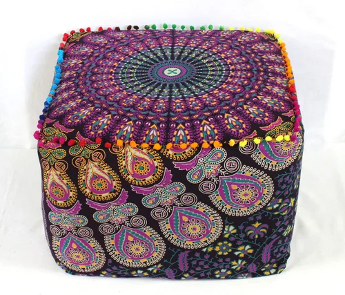 Miniatura 34 de CRAFT KALA Funda de puf tradicional de retazos cuadrados indios, funda para puf de sala de estar india, diseño otomano, decoración otomana, Elefante
