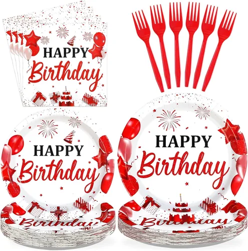 96 piezas de decoraciones de fiesta de cumpleaños rojo y blanco con platos y servilletas de feliz cumpleaños, juegos de vajilla de globos para
