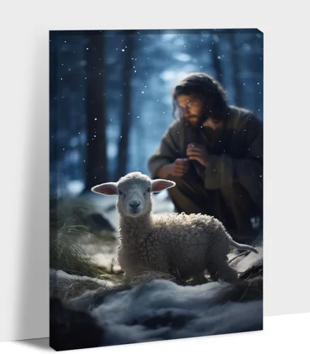 Miniatura 17 de Arte de pared en lona de Jesús y Cordero, Imagen de Jesús Corriendo tras la Oveja Perdida, Arte de pared religioso de Jesús Dejando las 99, Pinturas