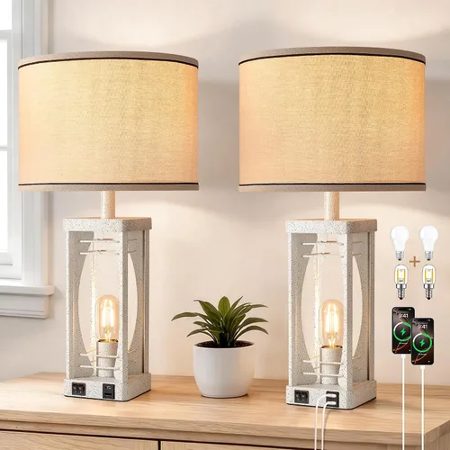 Miniatura 10 de SRJJA Juego de 2 lámparas de mesa de granja para sala de estar y dormitorio, lámparas de noche industriales rústicas para mesitas de noche con USB