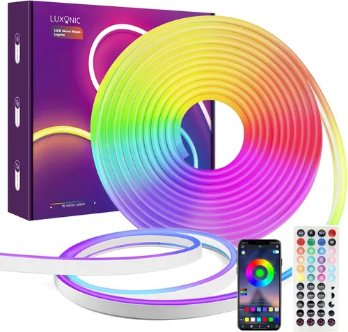 LUXONIC Tira de luz LED de neón, tira de luz RGB impermeable de 16.4 pies con aplicación/control remoto, luces de cuerda flexible de 24 V, múltiples