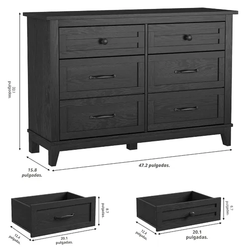 Miniatura 2 de GarveeHome Cómoda de 6 cajones para dormitorio, cómoda de 47 pulgadas de ancho con almacenamiento independiente, baúl de almacenamiento de madera