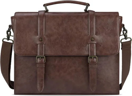 Miniatura 11 de Bolso bandolera de cuero para hombre, estilo vintage, de 15.6 pulgadas, impermeable, de cuero, para laptop, bolsa de hombro grande, bolsa de hombro