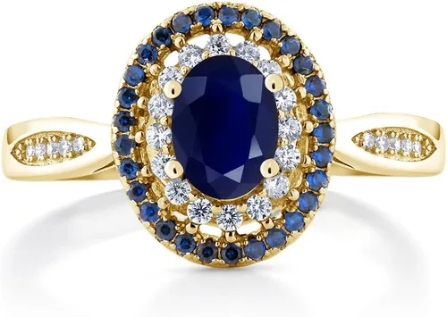 Miniatura 3 de Gem Stone King Anillo de plata chapada en oro amarillo de 18 quilates de 0.276 x 0.197 in con piedra preciosa ovalada con doble halo, compromiso