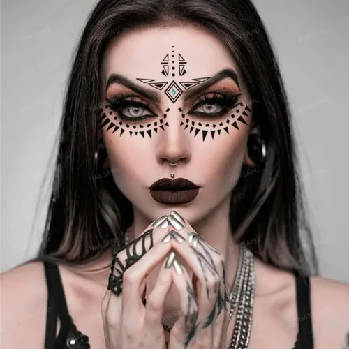 Miniatura 5 de Paquete de 9 calcomanías de maquillaje facial de ojos, impermeables, de encaje negro, tatuaje temporal para mujeres y niñas, Halloween, Navidad