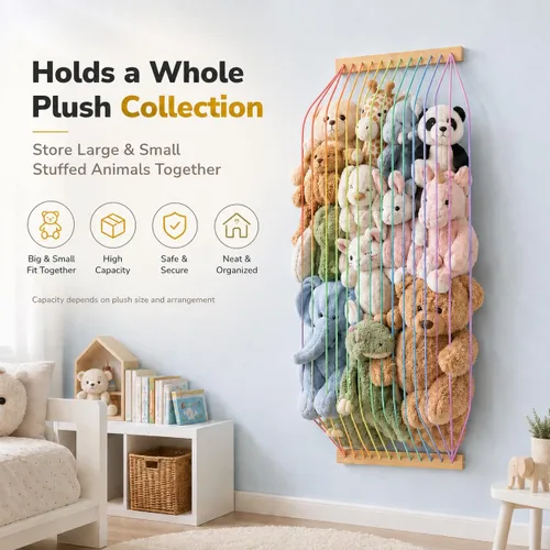 Miniatura 5 de Organizador de juguetes de madera suave para almacenamiento de animales de peluche, bonito y duradero para pared o puerta, longitud ajustable