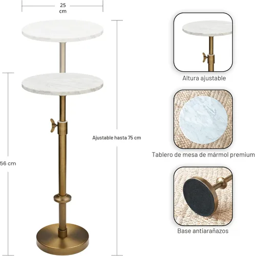 Miniatura 3 de Mesa de bebida de mármol de altura ajustable - 10x10x22-30, mármol blanco y latón antiguo, mesa auxiliar redonda moderna, mesa lateral con soporte