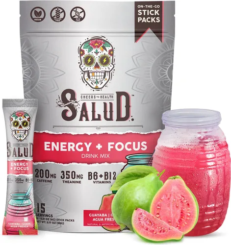 Salud 2-en-1 Polvo de Bebida Energética + Enfoque, Guayaba, Cafeína Orgánica, B6 + B12, Teanina, Paquetes de Bebida Energética Limpia, Mezcla de