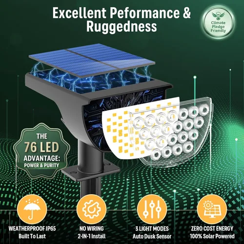 Miniatura 2 de GKGG Luces solares para exteriores, impermeables, IP65, 76 LED, 3 modos de iluminación, focos solares para exteriores, patio, jardín, paisaje