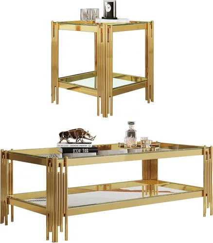 Miniatura 40 de Mesa auxiliar rectangular de vidrio de 48 pulgadas, mesa de centro de 2 niveles con parte superior de vidrio templado negro, patas de acero