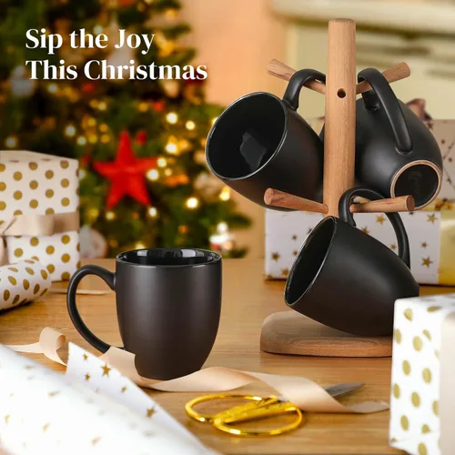 Miniatura 8 de DOWAN Tazas de café, juego de 6 tazas de café negras, tazas de café de cerámica de 16 onzas con asas grandes para hombres y mujeres, taza grande
