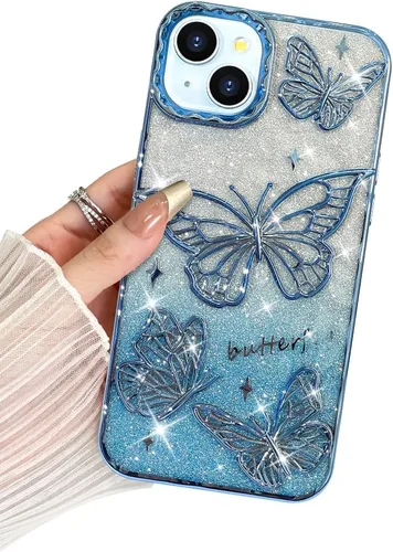 Miniatura 23 de BITOBE Diseñada para iPhone 15 Pro Max, bonita funda de mariposa 3D chapada en purpurina delgada para mujeres y niñas, protección de cámara, Negro