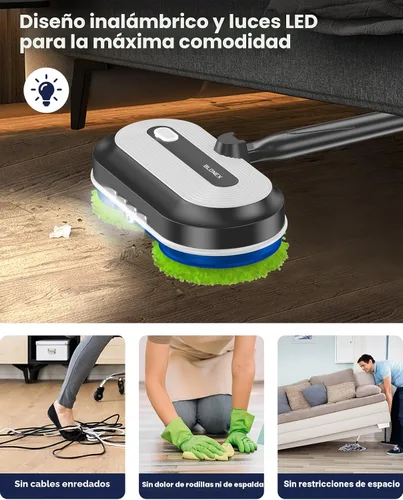 Miniatura 4 de Blonex Limpiador de piso inalámbrico eléctrico, trapeador eléctrico giratorio con faros LED y rociador de agua, batería de larga duración, tanque
