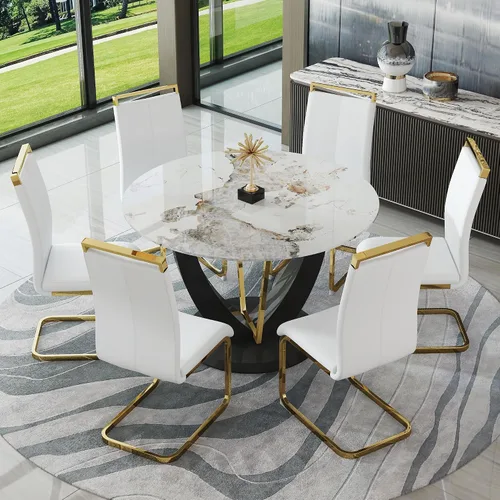 Miniatura 39 de Juego de mesa de comedor redonda de 48'' para 4, juego de mesa y sillas de cocina de mármol, conjunto de 4, mesa redonda con pata de MDF negro