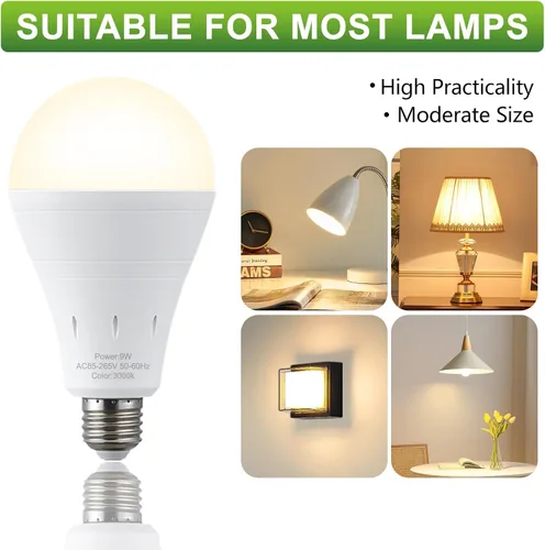 Miniatura 7 de DEBAOBULB Paquete de 10 bombillas de emergencia recargables, bombilla LED alimentada por batería, 3000 K, cálida E26, 120 voltios, 9 W, 60 W, Blanco