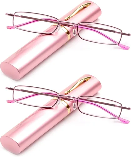 Miniatura 5 de Lentes de lectura de tubo de bolsillo, ultra delgados, compactos, unisex, ligeros, con clip de bolsillo portátil, estuche de aluminio, color rosa
