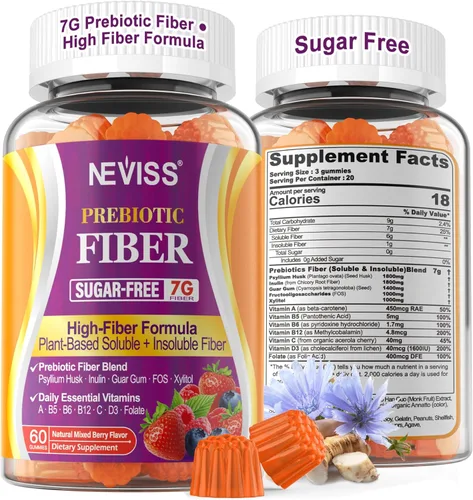 1 Paquete de Gomitas de Fibra para Adultos con Cáscara de Psyllium, 7G (Fibra Prebiótica Soluble + Insoluble) Diaria con Inulina, FOS, Goma de Guar,