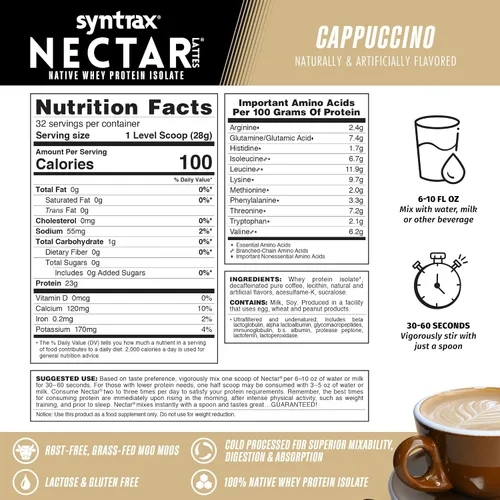 Miniatura 3 de Syntrax Nutrition Nectar Lattes, 100% proteína de suero aislado en polvo, capuchino, 2 libras