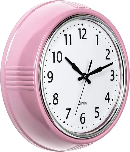 Bernhard Products Reloj de pared retro de 30,5 cm, color rosa para cocina, diseño vintage de los años 50, redondo, silencioso, no hace tictac,